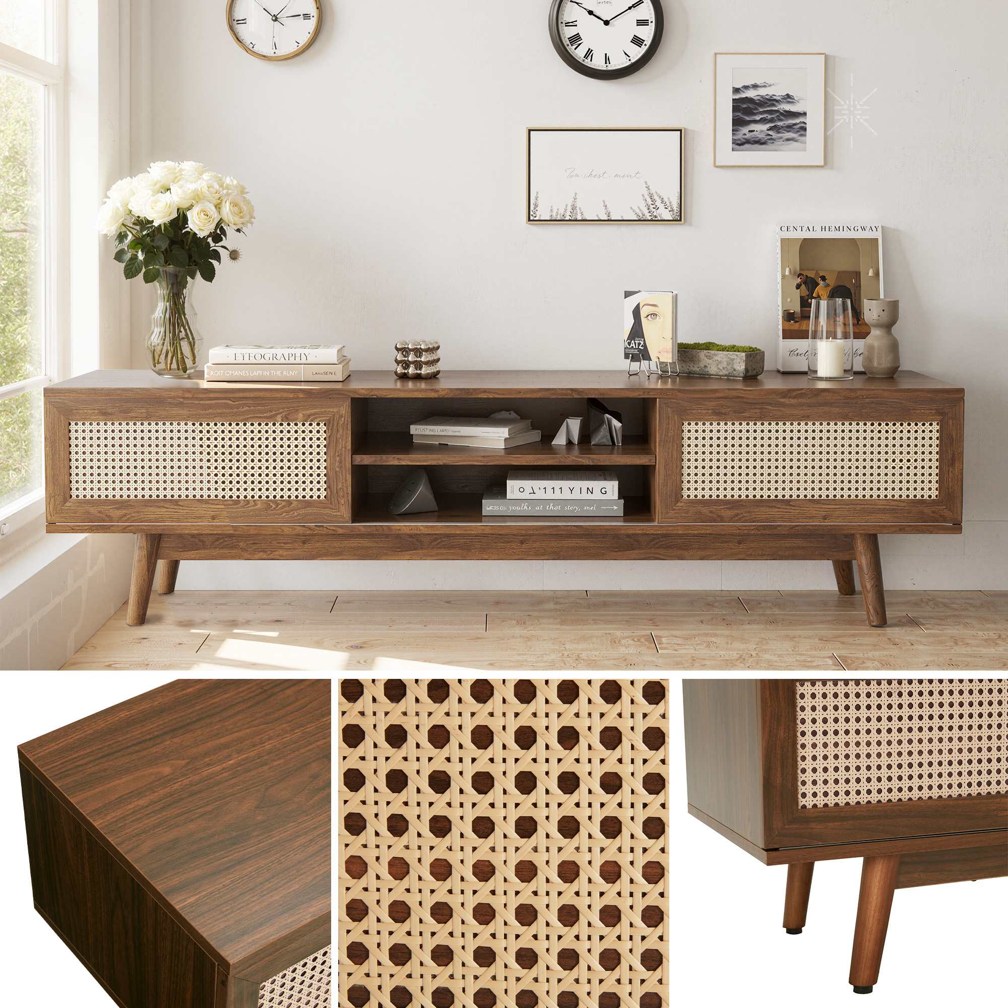 MAYEERTY Light Walnut 65" Mid Century Modern TV Stand, Boho Media Console with Cable Management for Living Room