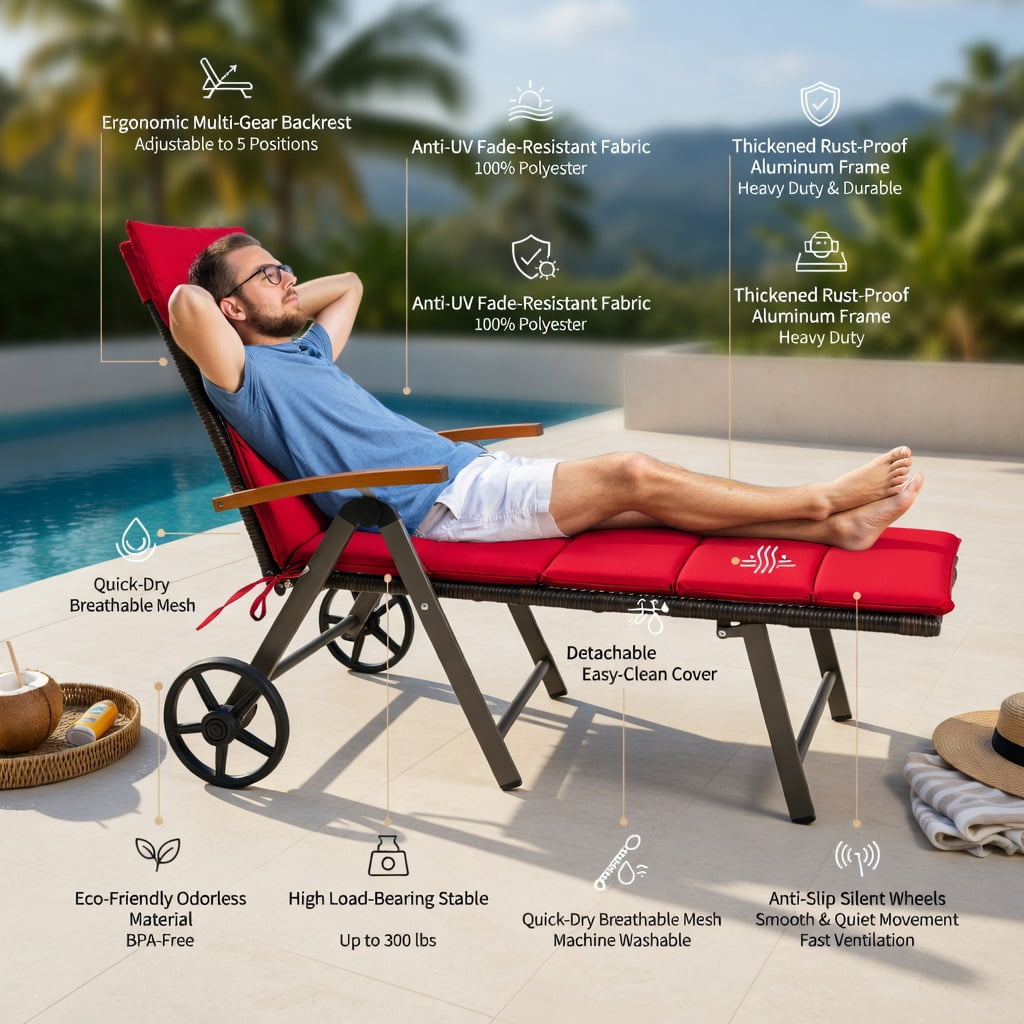 Hommoo Outdoor Rattan Chaise Lounge Chair with Adjustable Backrest & Wheels, PE Wicker Aluminum Frame, Foldable Sun Lounger for Patio, Pool, Deck, Red
