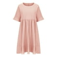 thumbnail image 4 of HAPIMO Women's Knee Length Cotton Linen Dress Clearance Solid Autumn Dresses Half Sleeve Round Neck Elegant Drop Waist Tiered Vintage Holiday Boho Pink S, 4 of 6