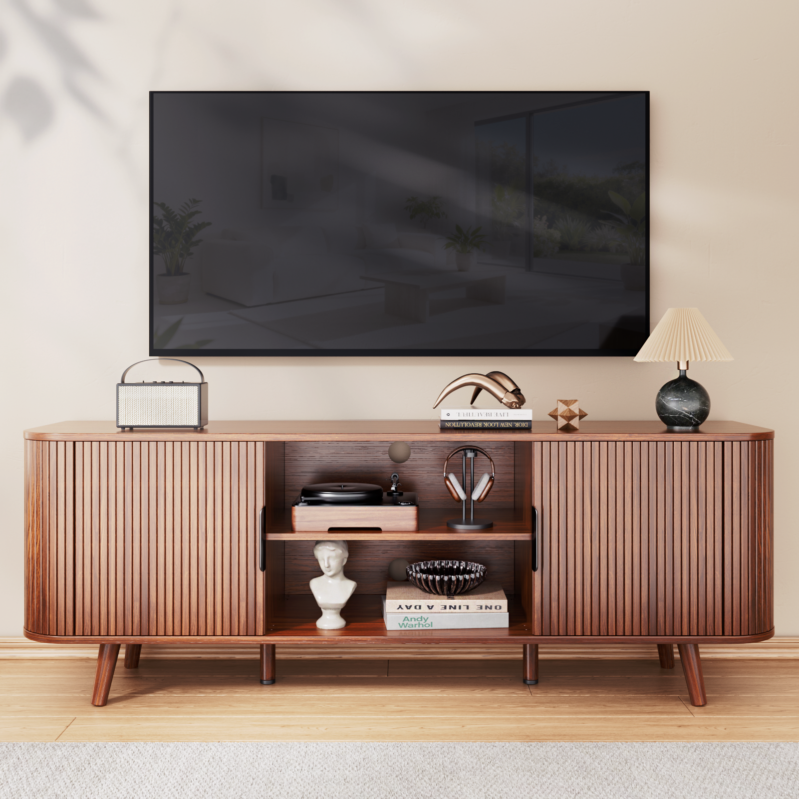 Tydimor 65" TV Stand with Storage Shelves & Drawers, Walnut