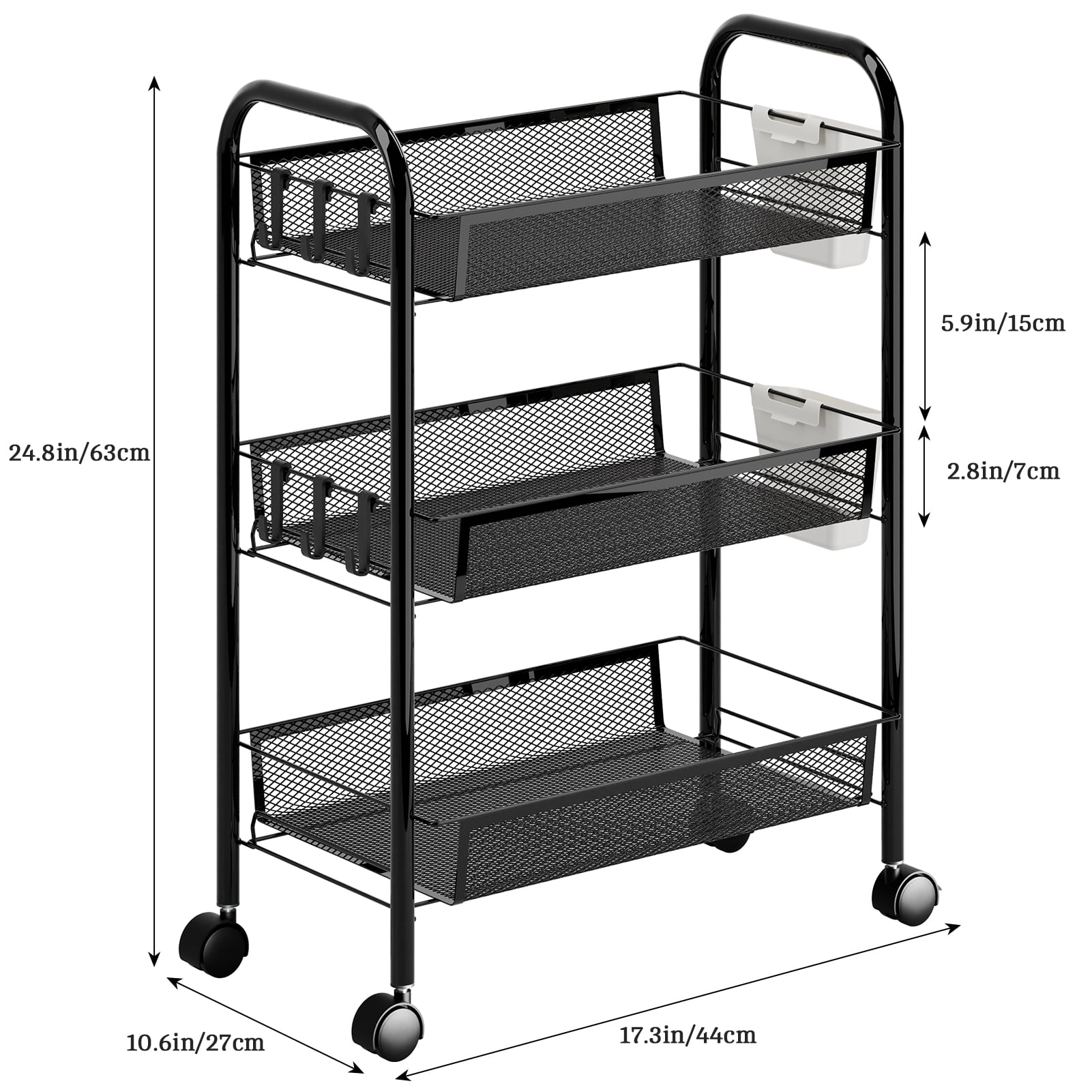 Fruit Vegetable Storage Basket, 5 Tier Stackable Metal Mesh Storage Basket with 360 Degree Wheels, Fruit Vegetable Produce Basket Storage Organizer for Kitchen, Pantry, Bathroom-3-Layers,Black