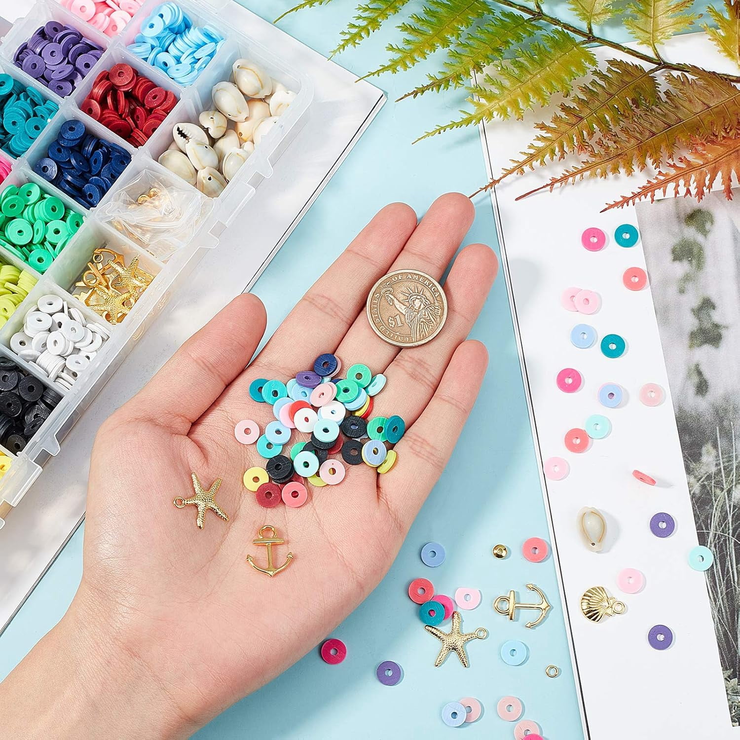 Handmade Polymer Clay Beads 4000 Pcs 20 Colors Flat Round Spacer Beads with Alloy Pendants and Cowrie Shell Beads for DIY Jewelry Necklace Bracelet Earring Craft Making