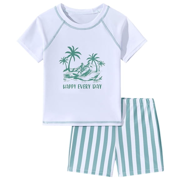Akiihool Toddler Swim Boy Boys Swim Set - 2 Piece Quick Dry UPF50 Sun Protection Kids Rash Guard Short Sleeve Swim Shirt and Boys Swim Trunks,Size 6-7 Years