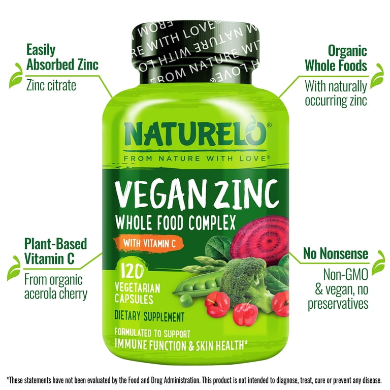 NATURELO Vegan Zinc Whole Food Complex - Organic Health Pills for