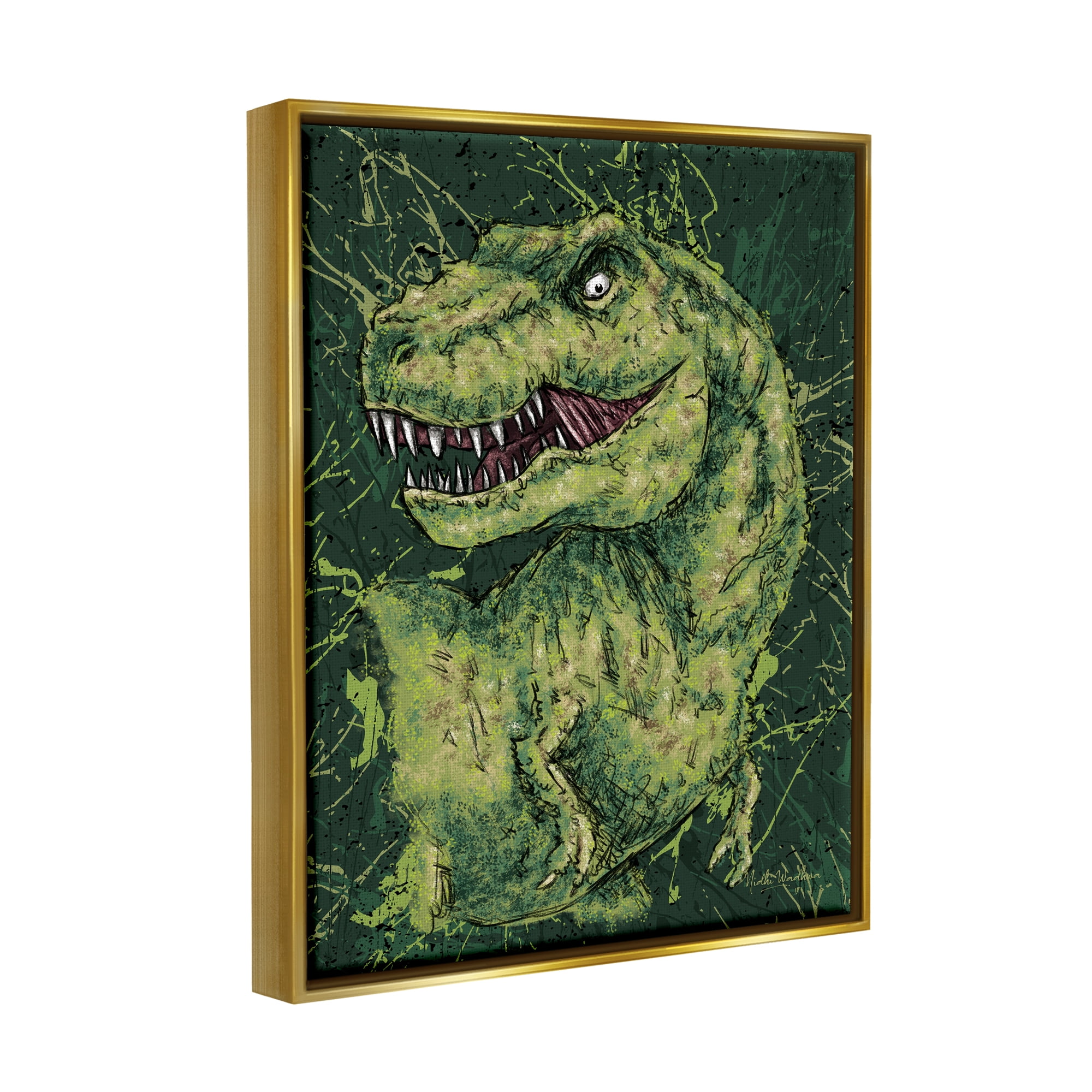 Stupell Industries Green Abstract T-Rex Animals & Insects Painting Gold Floater Framed Canvas Art Print Wall Art, 25 x 31