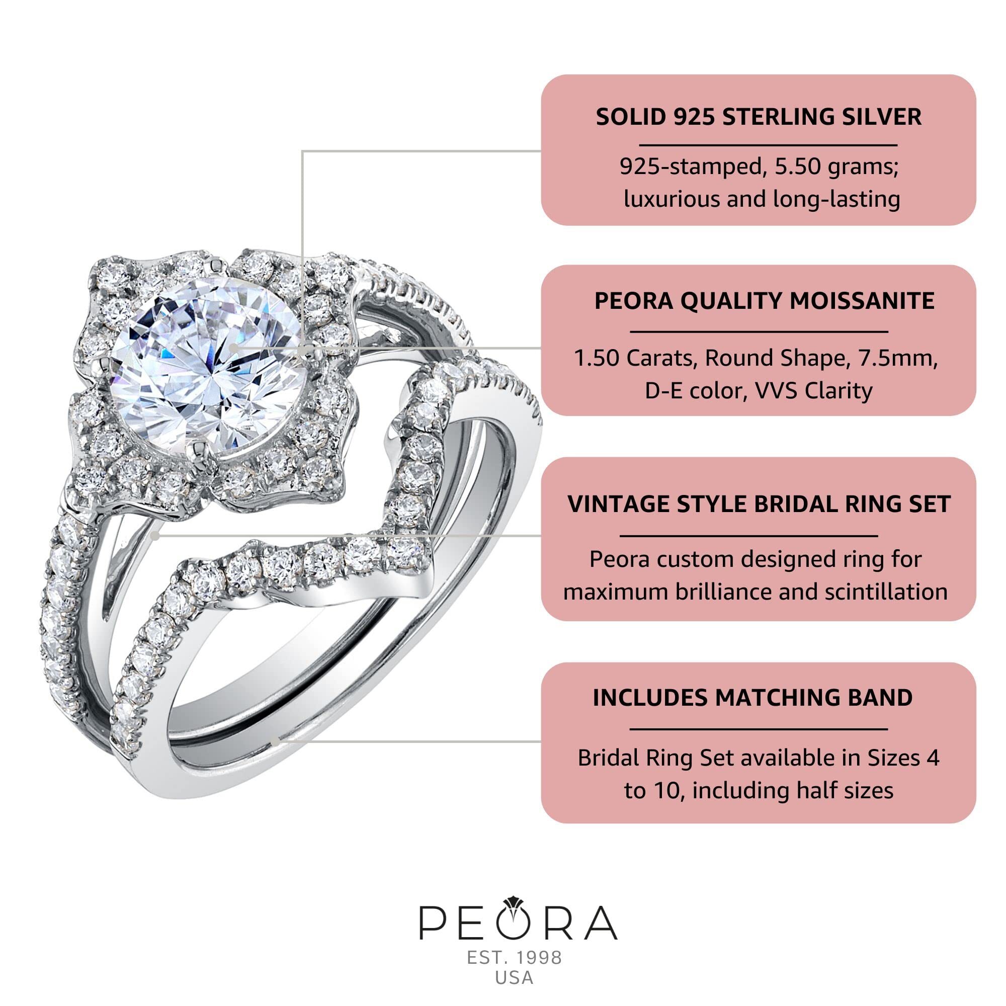PEORA 1.50 Carats Moissanite Vintage Art Deco Engagement Ring and Wedding Band Bridal Set for Women 925 Sterling Silver, Round Brilliant Shape, D-E Color, VVS Clarity, Size 5.5