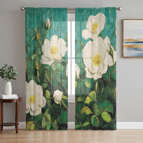 Spring Floral Sheer Curtains 96 Inch Length 2 Panels Set, Modern Abstract Flowers Leaves Voile Window Treatment Semi Sheer Long Curtains Drapes for Bedroom/Living Room/Kitchen 52"x96"x2
