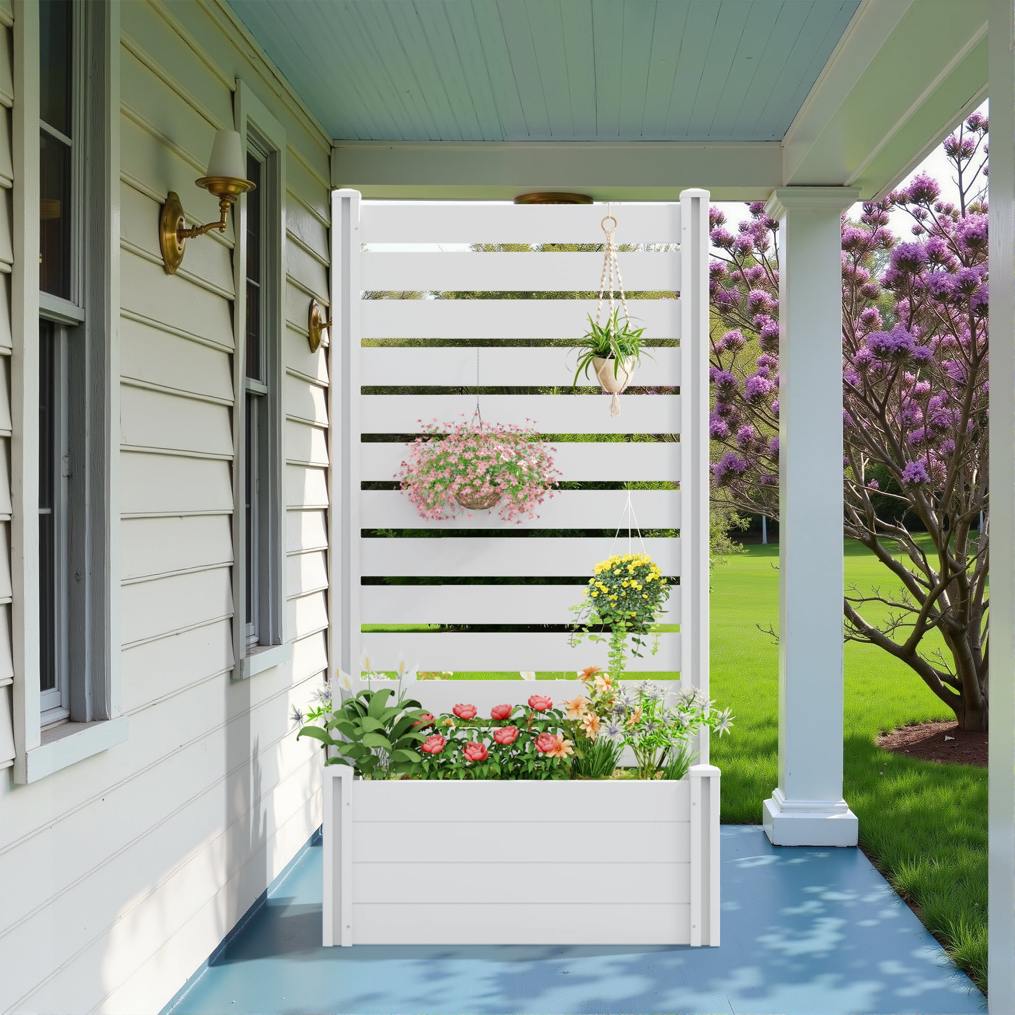 MAYEERTY Outdoor White PVC Rectangular Planter Box with Trellis for Climbing Plants, Raised Garden Bed
