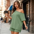 thumbnail image 6 of 2 Piece Sets for Women Summer Off the Shoulder T Shirt Casual Shorts Matching Comfy Lounge Sets Airport Travel Outfit,Light Green,XL, 6 of 8