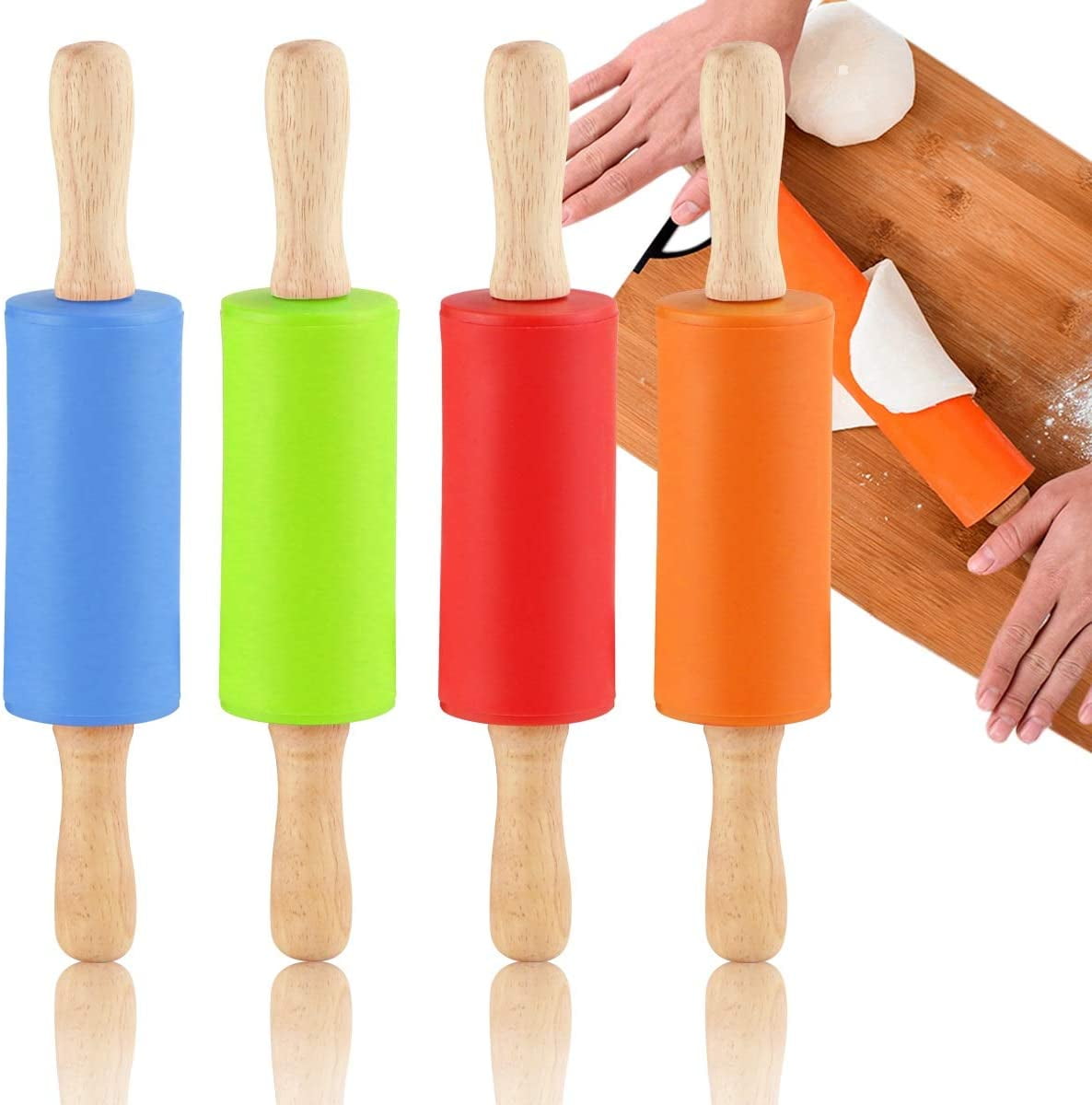 2 Pack Small Rolling Pins 9 Inch Kids Size Nonstick Silicone Rolling Pin with Wooden Handle for Home Kitchen Children Cake and Baking Red Blue 