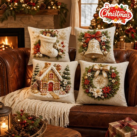 4pcs Christmas Printed Soft Warm Pillow Covers, Easy to Clean, Xmas Gifts for Family Friends, Cases for Sofa Couch Living Room Home Decorations, Square Cushion Covers for Winter Interior Arrangement
