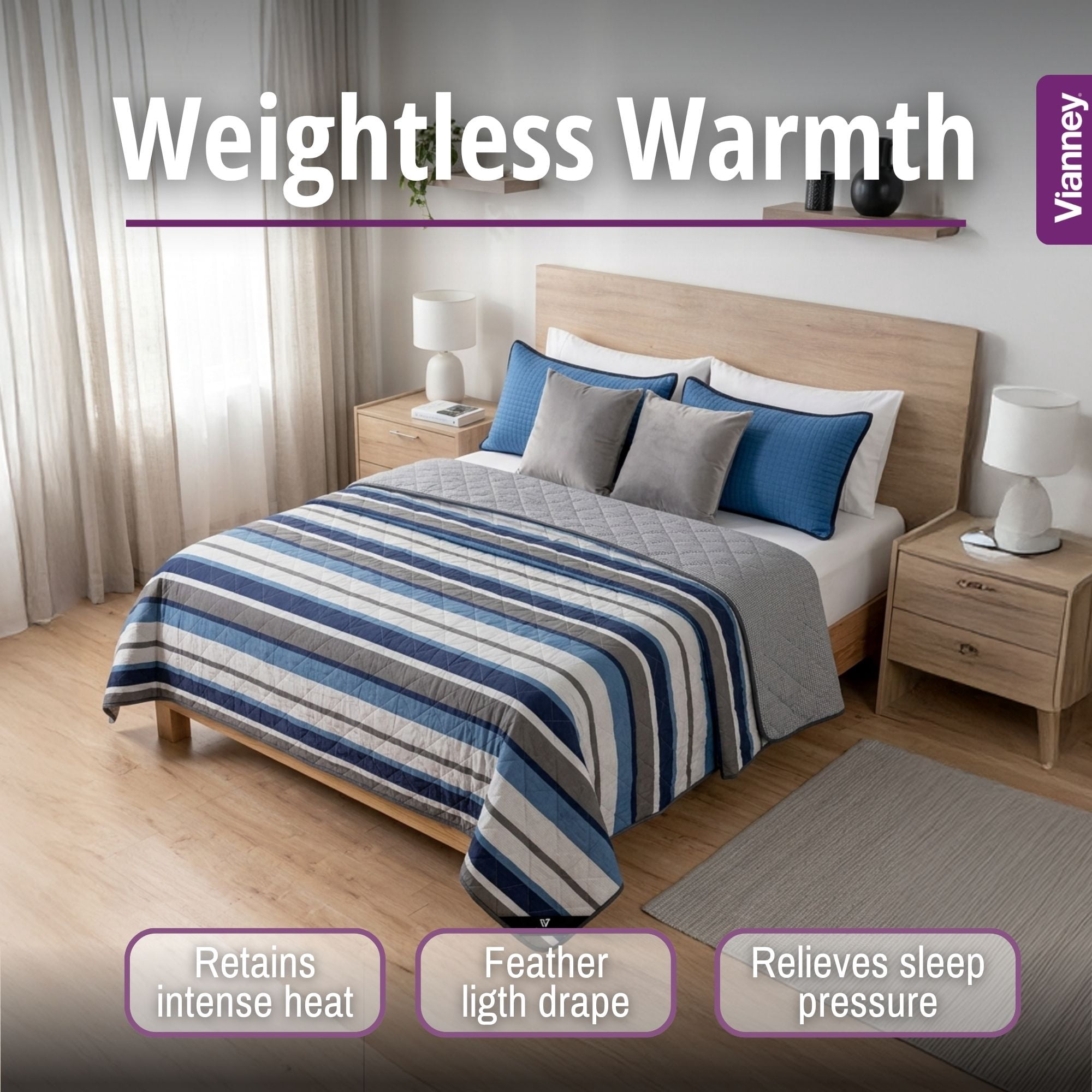 Vianney - Twin Comforter - 1 Piece - Reversible Lightweight Quilted Blanket in Blue and Grey Striped Design - Soft Breathable Bedspread for Year-Round Comfort 71x93 inches