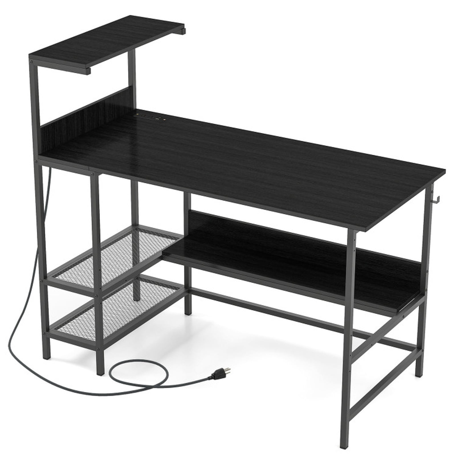 Furnibear 48 Inch Computer Desk with Power Outlets and Storage Shelves, Home Office Writing Desk with USB Type-C Ports and Mesh Shelves, Black