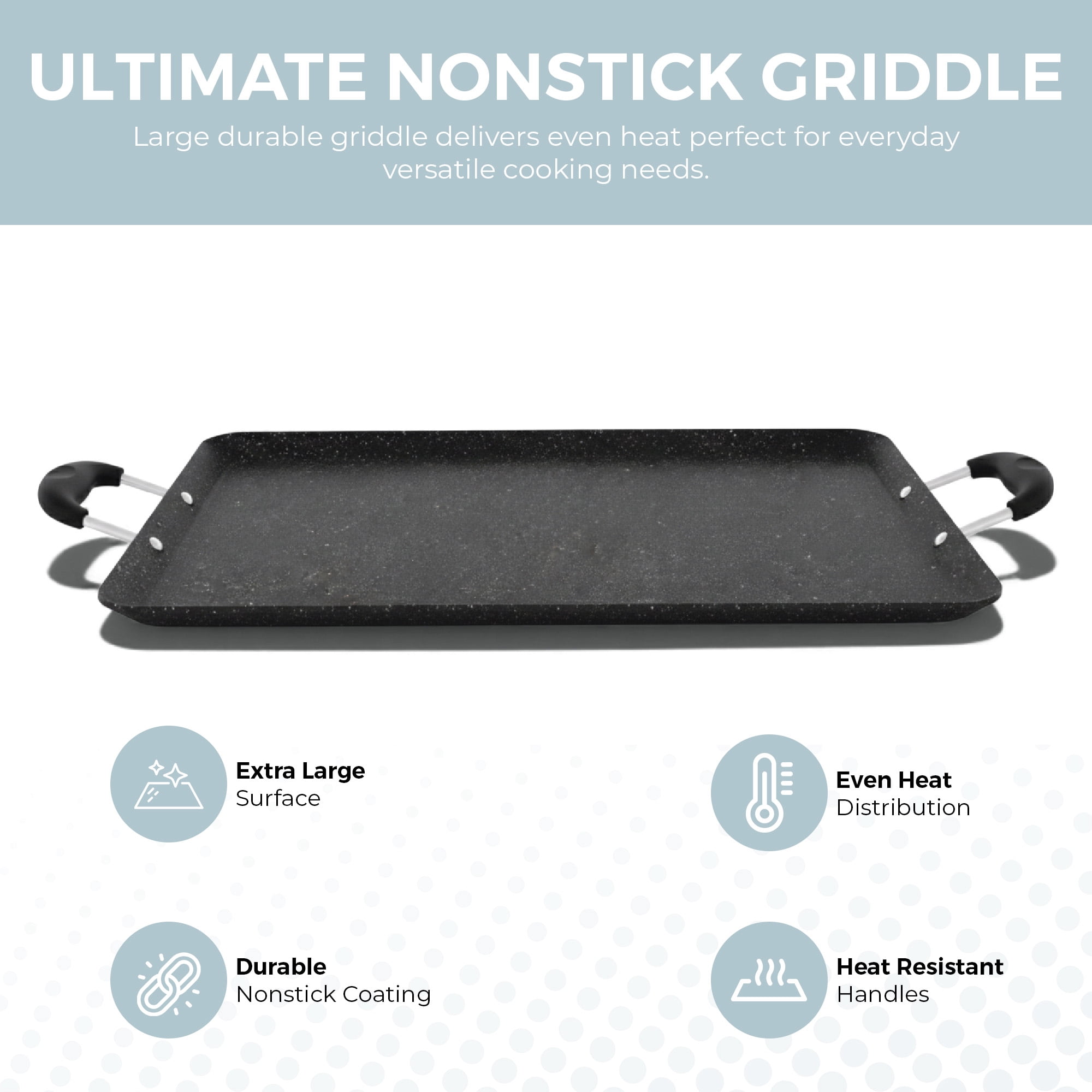 Alpha Living Double Griddle Pan for Stove Top - 18.75 Inch Non-Stick Marble Aluminum Griddle for Gas Grill Nonstick Pan for Crepes, Tortillas – Heat Resistant Handles – Even Heat Distribution