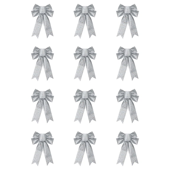 Silver Glitter Christmas Tree Topper Bows, Sparkling Long-Tail Ribbon Bows for Wreaths, Mantels, Front Doors, New Year Parties and Winter Holiday Decor 12-Pack