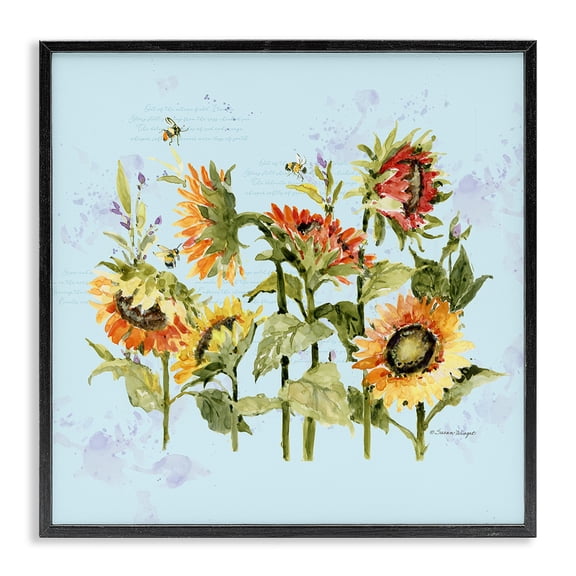 Stupell Industries Cottage Sunflowers & Bee on Blue Black Framed Giclee Art, 12 x 12, by Susan Winget