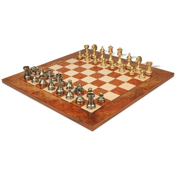 Large Classic Staunton Solid Brass Chess Set with Elm Burl Board