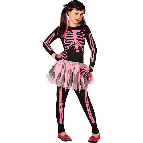 Girls 4 Piece Pink or White Skeleton Tutu Halloween Fancy Dress Costume Outfit 