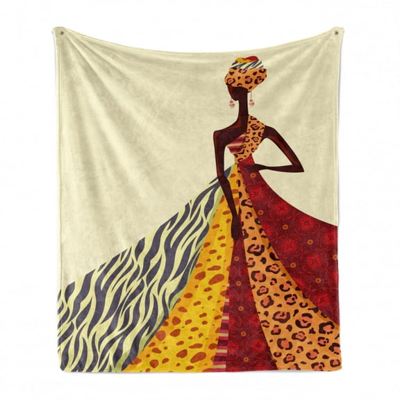 Modern Soft Flannel Fleece Throw Blanket, Girl Posing with a Dress of Different Design Patterned Image Print, Cozy Plush for Indoor and Outdoor Use, 60" x 80", Multicolor, by Ambesonne