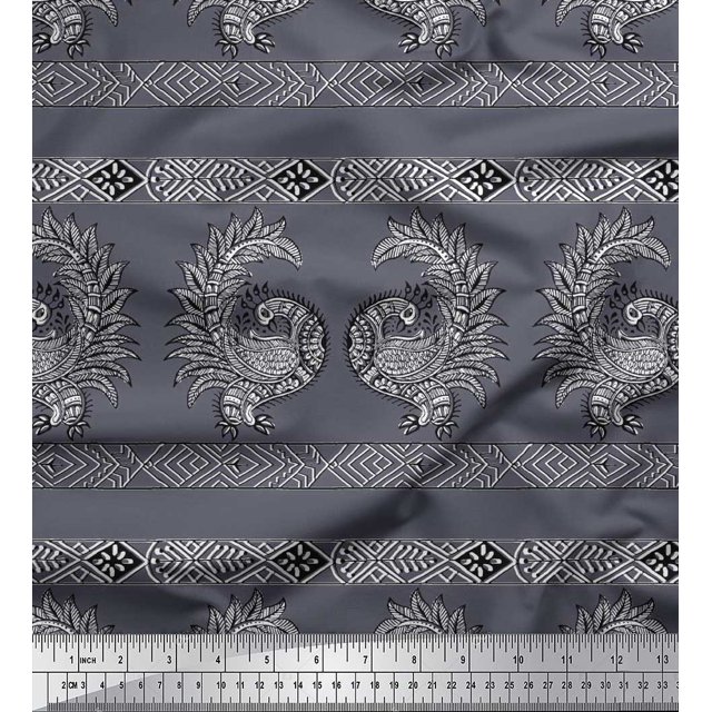Soimoi Poly Georgette Fabric Peacock Block Print Sewing Fabric Yard 52 Inch Wide