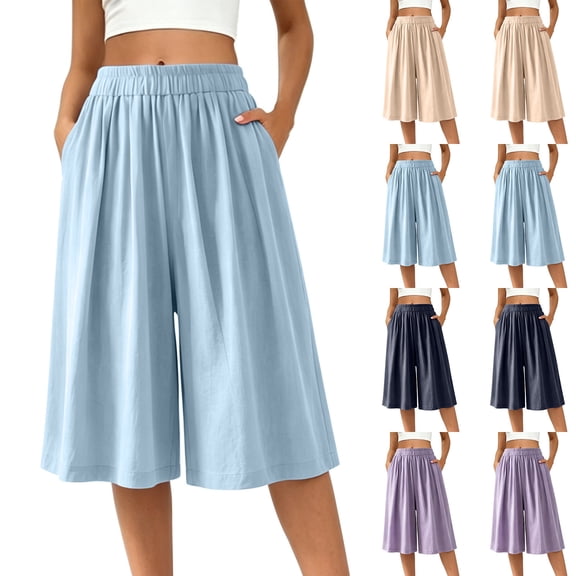VBVC Women's High Waist Wide Leg Culottes, Breathable Casual Cropped Palazzo Pants For Women, Ladies' Loose Flowy Elastic Waist Capri Pants with Pockets,Khaki,M-5XL