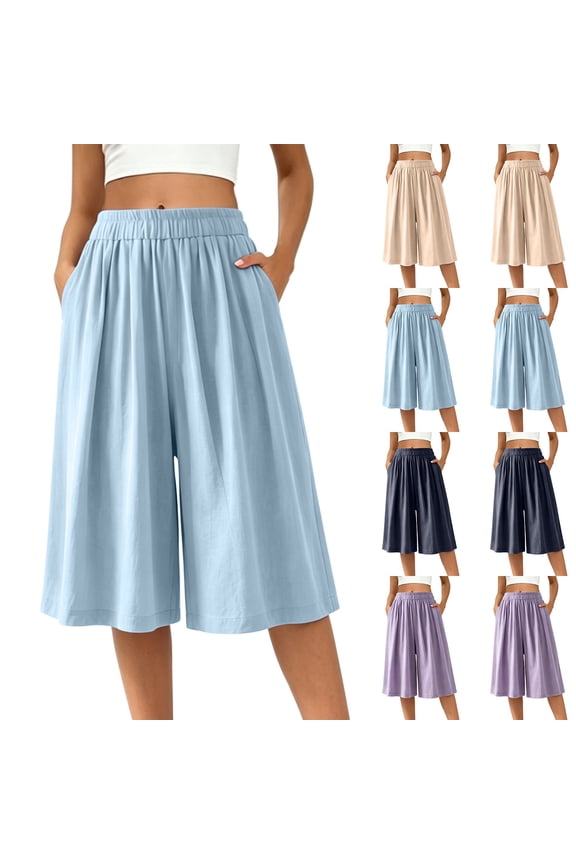 Women's High Waist Wide Leg Culottes, Breathable Casual Cropped Palazzo Pants For Women, Ladies' Loose Flowy Elastic Waist Capri Pants with Pockets,Navy,M-5XL