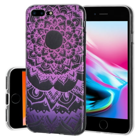 iPhone 8 Plus Case Screen Protector Charger Cable Combo, Premium Clear TPU Graphic Designer Case 9H HD Tempered Glass Apple Mfi Certified Lightening Cable for iPhone 8 Plus - Mandala Purple Zen