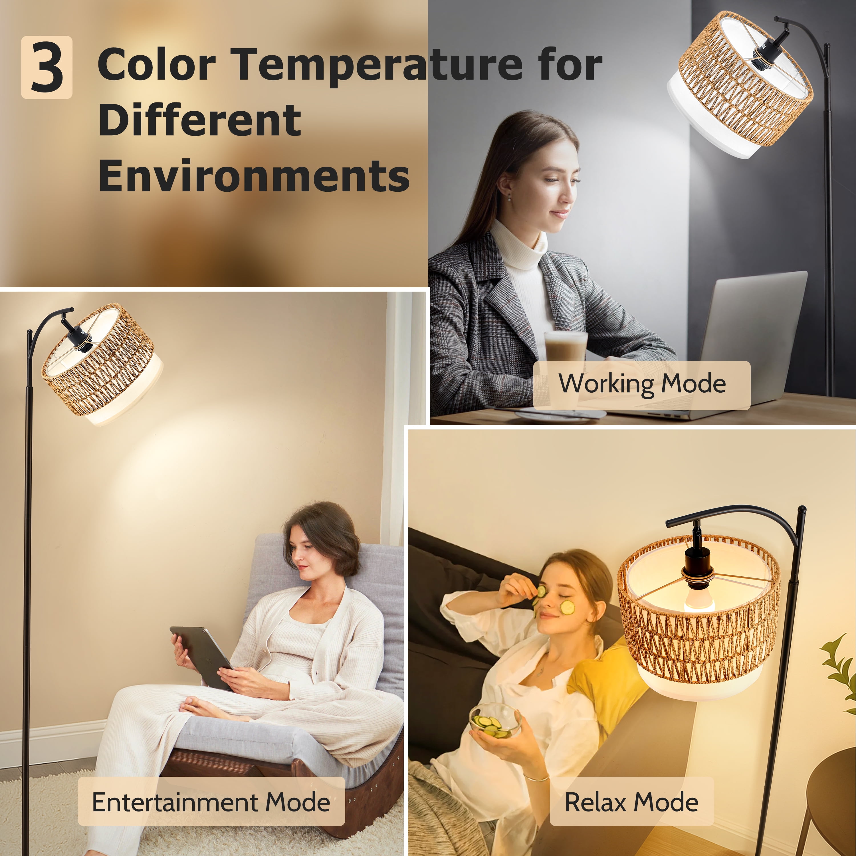 Coliware Rattan Floor Lamp for Living Room, Standing Lamp with Double Drum Shade, Dimmable Farmhouse Floor Lamp for Bedroom, 3 Color Temperatures Bulb Included