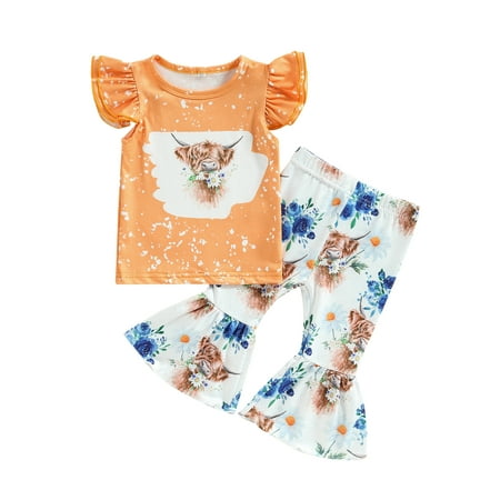 

Bagilaanoe 2pcs Toddler Baby Girl Long Pants Set Print Short Sleeve T-shirt Tops + Flare Trousers 6M 12M 18M 24M 3T 4T Kids Casual Outfits