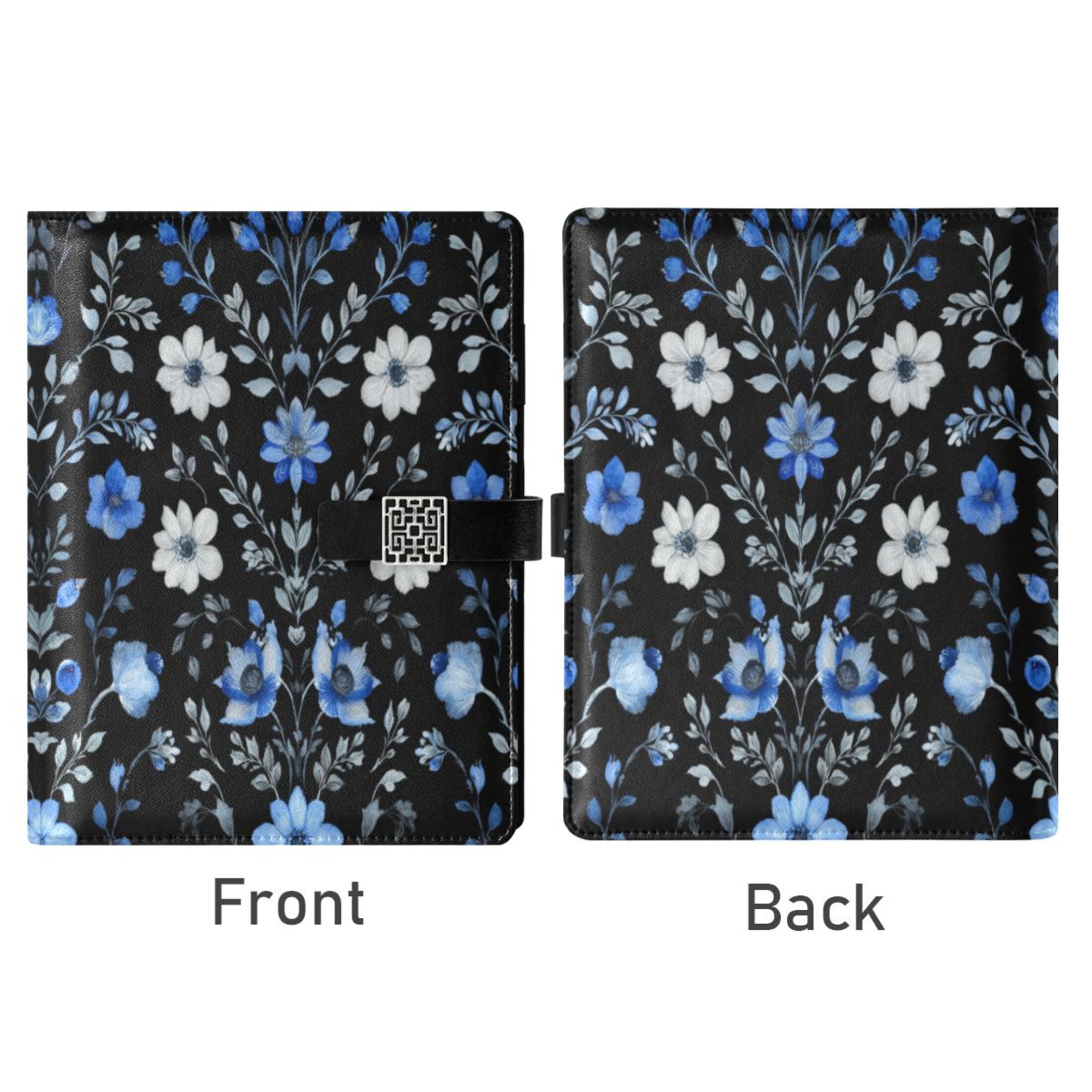 Leather Planner Leather Notebook Notebook Journal Binder Design Pen Pocket Design Convenient for Storage Watercolor White Blue Flowers