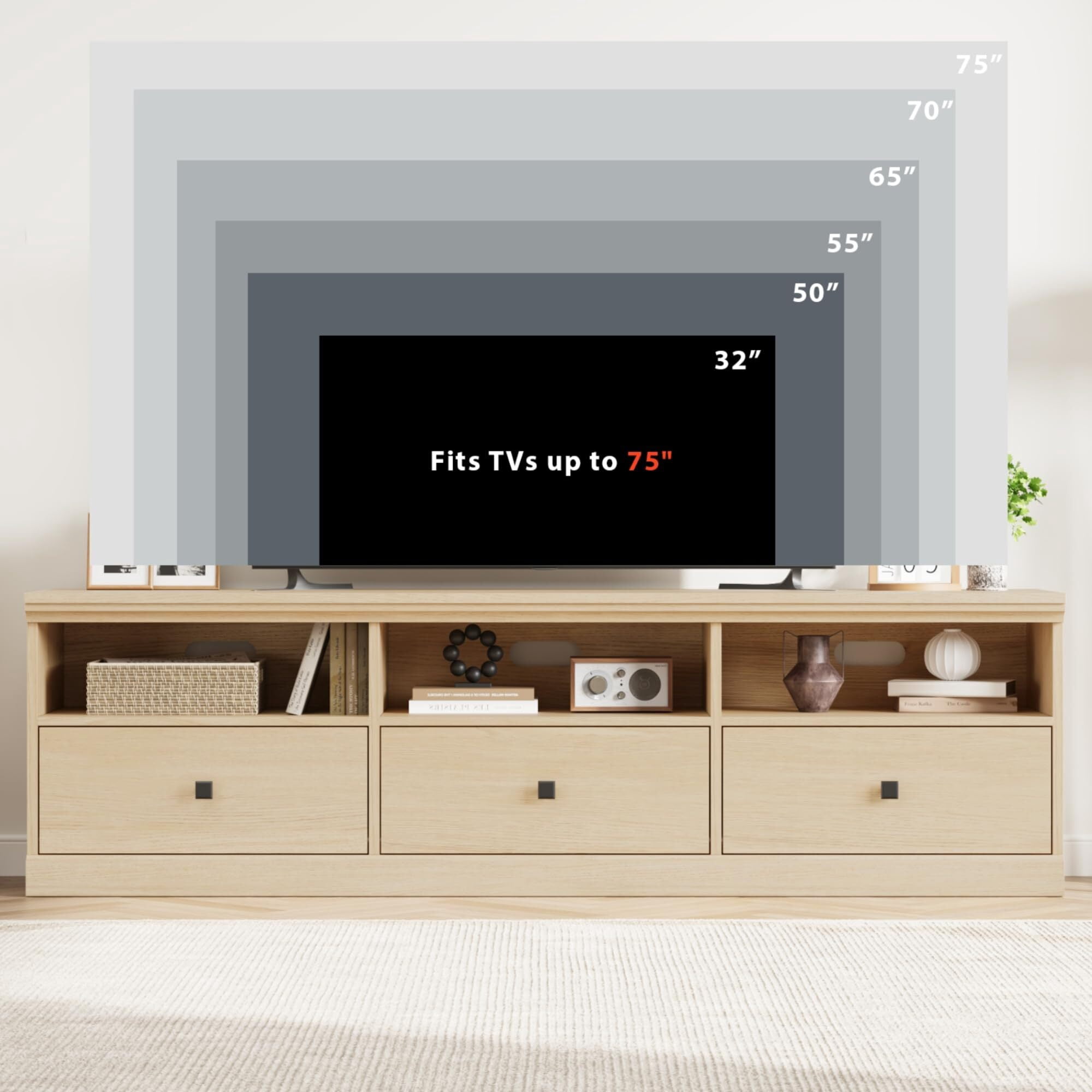 Emorefun 70 Inch Farmhouse TV Stand, Entertainment Center with Storage Drawer & Open Shelves for TVs up to 75 Inch, Light Oak
