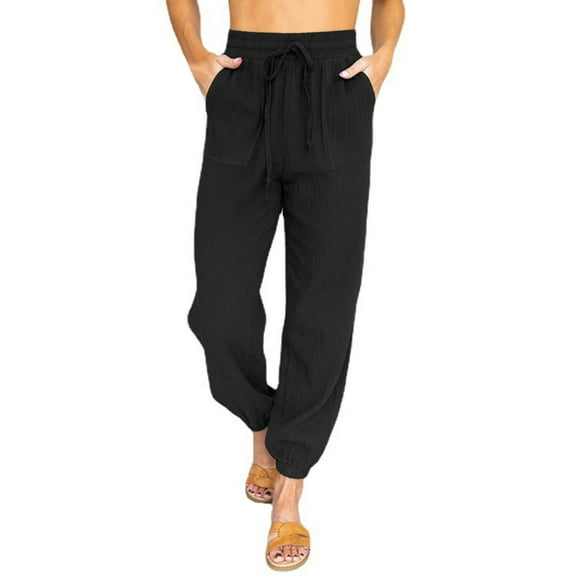 Womens Casual Pants Solid Color Casual Comfort Trousers High Waist Tie Belt With Cuffed Ankle Lightweight Breathable Black L