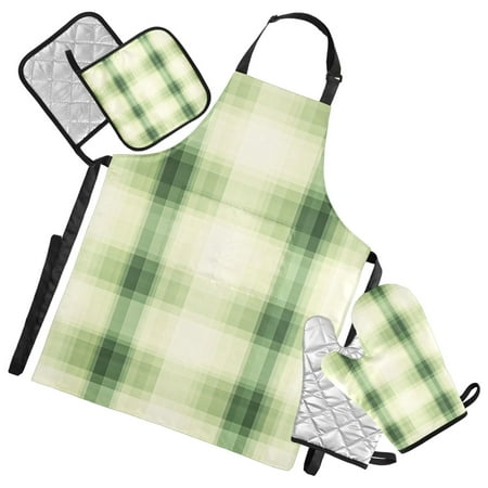 

Yellow Green Fuzzy Grid Oven Mitts and Pot Holders with Chef Apron Set 5 Pcs Kitchen Cooking Set