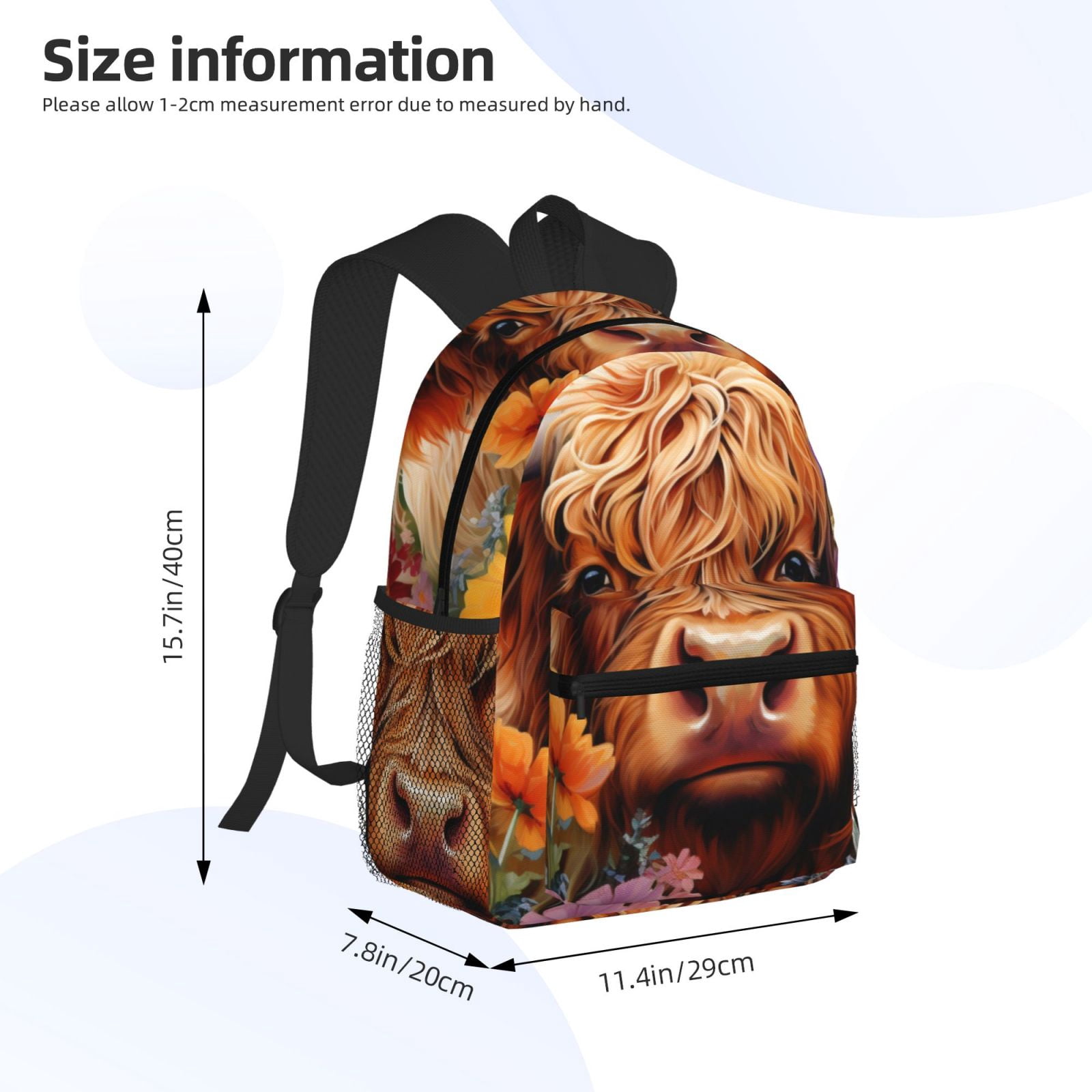 Horeoi Countryside Colorful Floral Cow Print Casual Backpack for School Work Travel Hiking with Laptop Compartment and Side Pockets Lightweight Design