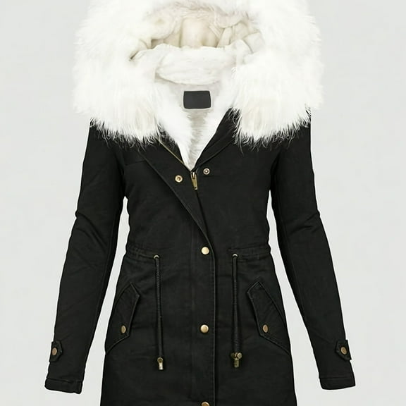 Women's Black Warm Zip-up Hooded Jacket Detachable Collar