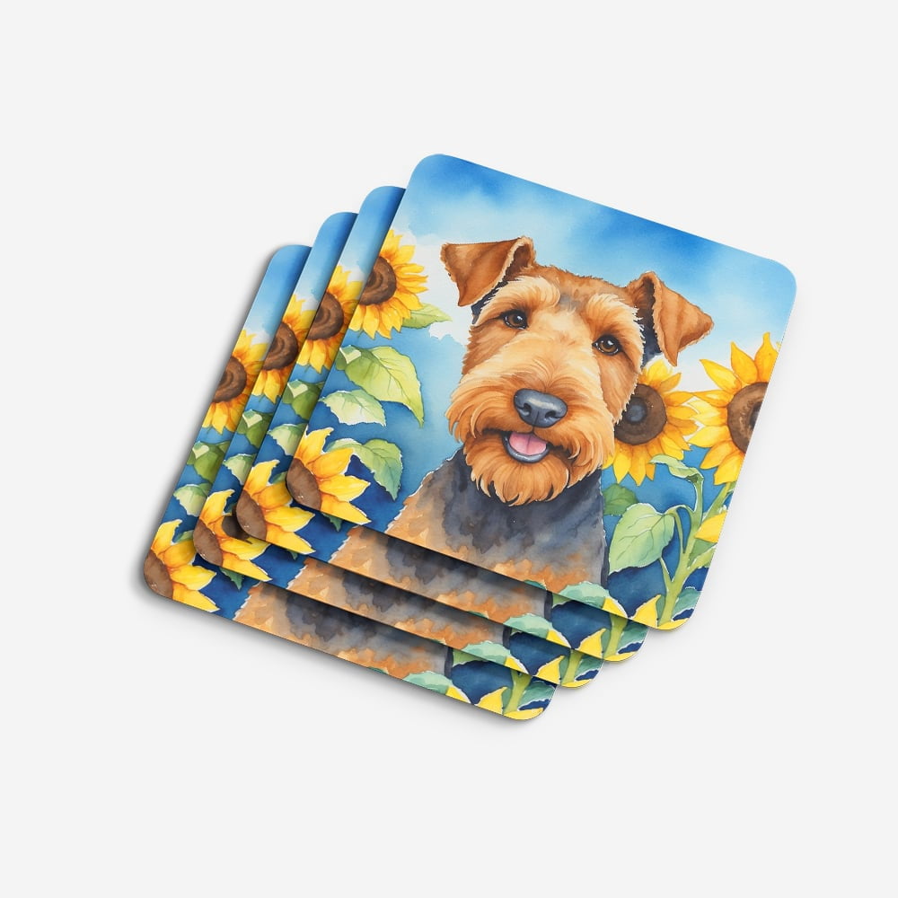 Airedale Terrier in Sunflowers Foam Coasters 3.5 in x 3.5 in