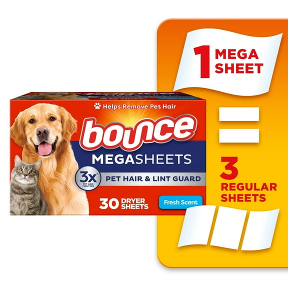 Bounce Dryer Sheets, Pet Hair and Lint Guard, Fresh Scent, 30 Mega Dryer Sheets