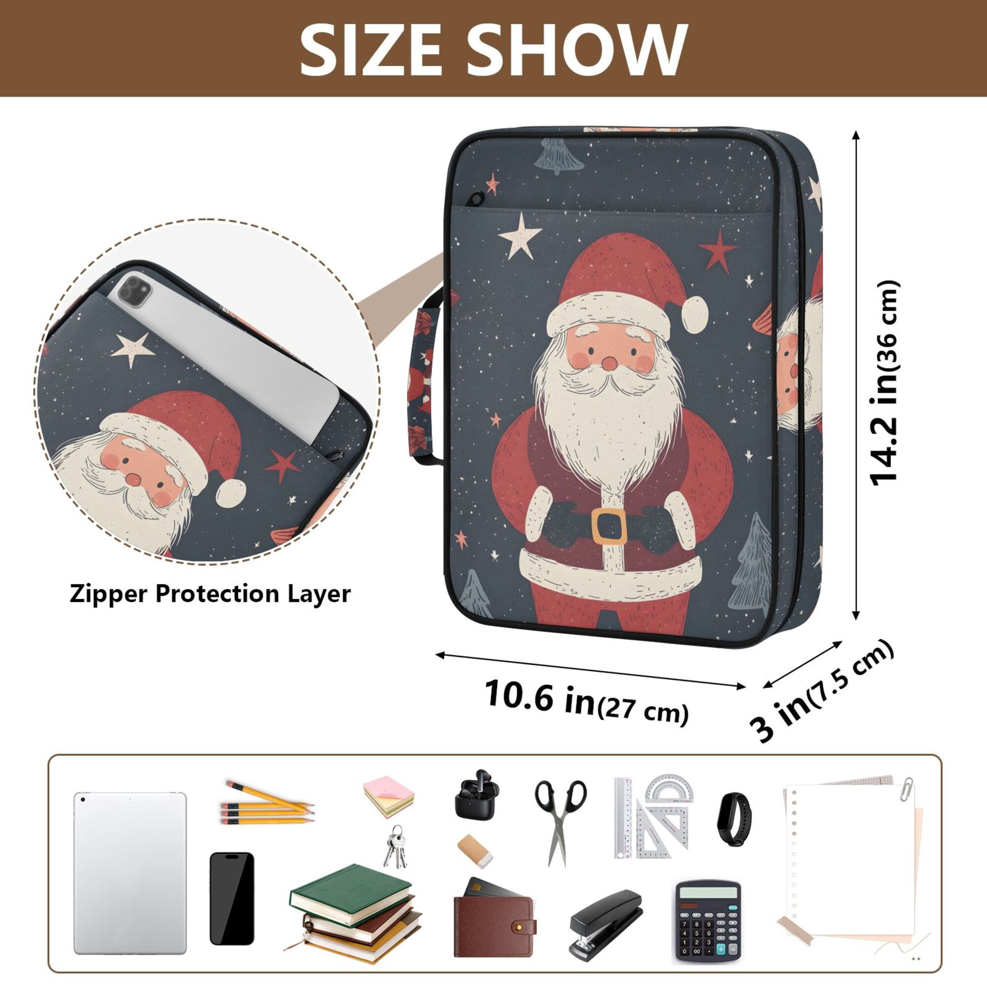 FORMRS Accordion File Folder A4 Size 7-Pocket Expanding Document Organizer Bag with 3 Ring Binder, Blue Christmas Santa