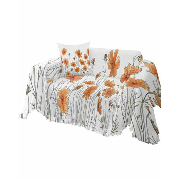 Orange Floral Sofa Couch Covers for Dog,Washable Sectional Couch Slipcoverfor Loveseat with Tassels,Watercolor Floral Flower Modern White Non Slip Sofa Throw Cover Blanket Large 71''x102''