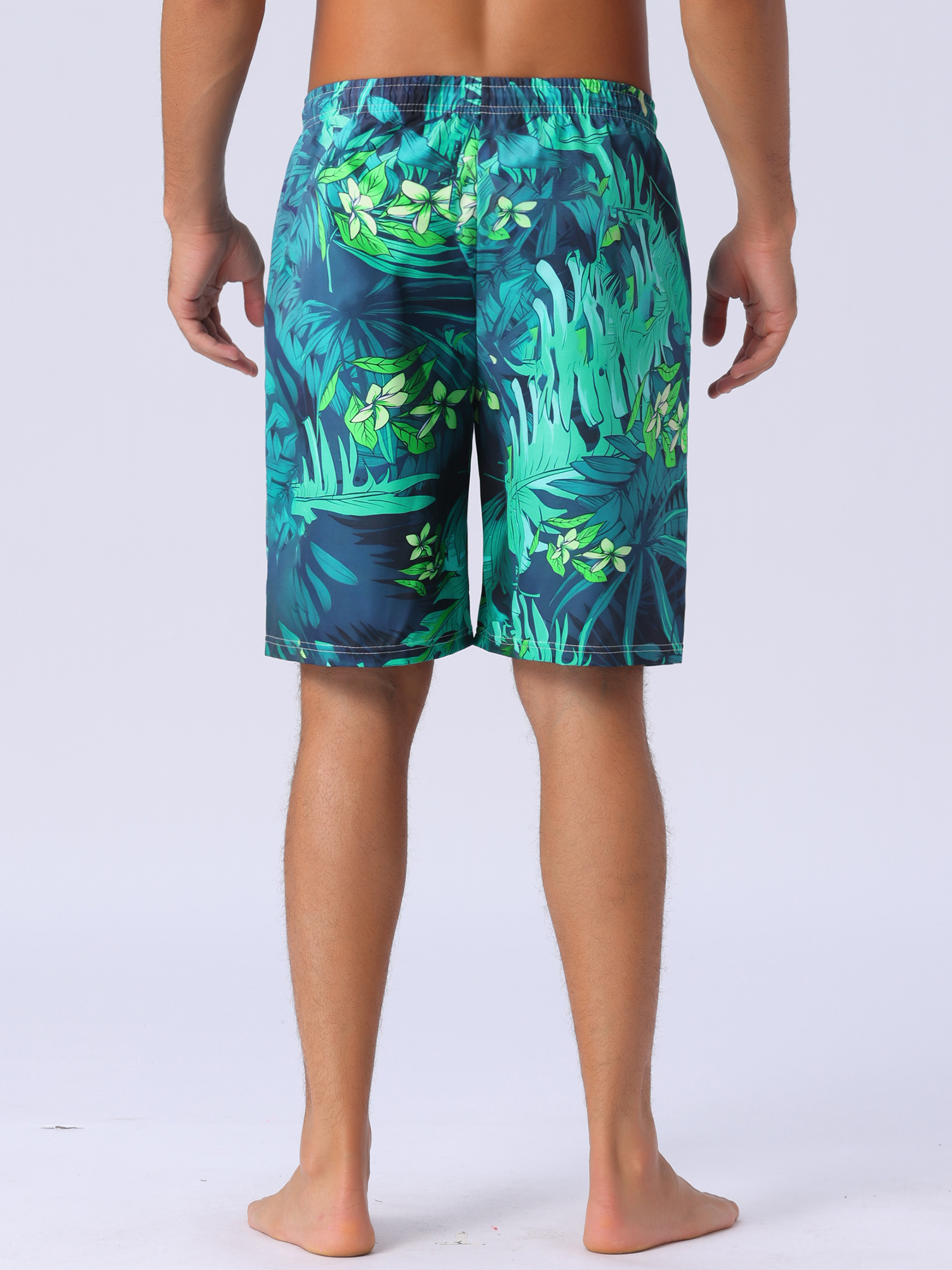 DARING DIVA Men's Tropical Floral Elastic Waist Drawstring Hawaiian Swim Shorts 32 Dark Green