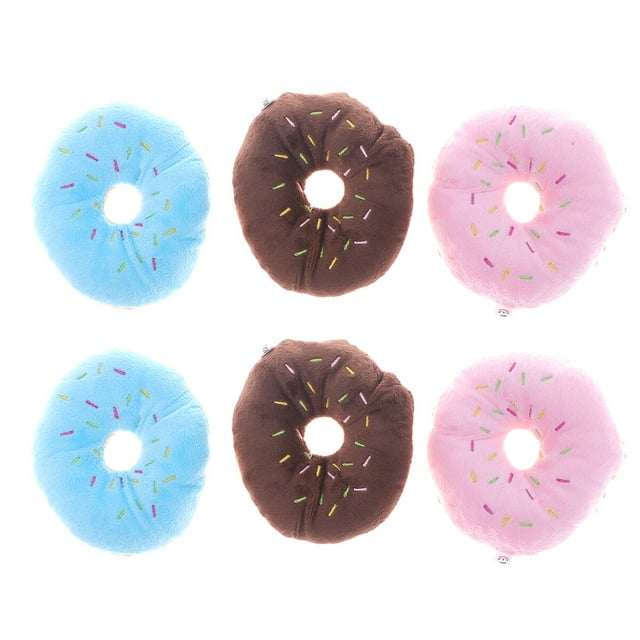 6 juguetes masticables para perros con forma de dona, con sonido chirriante, para cachorros (café, fresa y azul, 2 unidades cada uno)