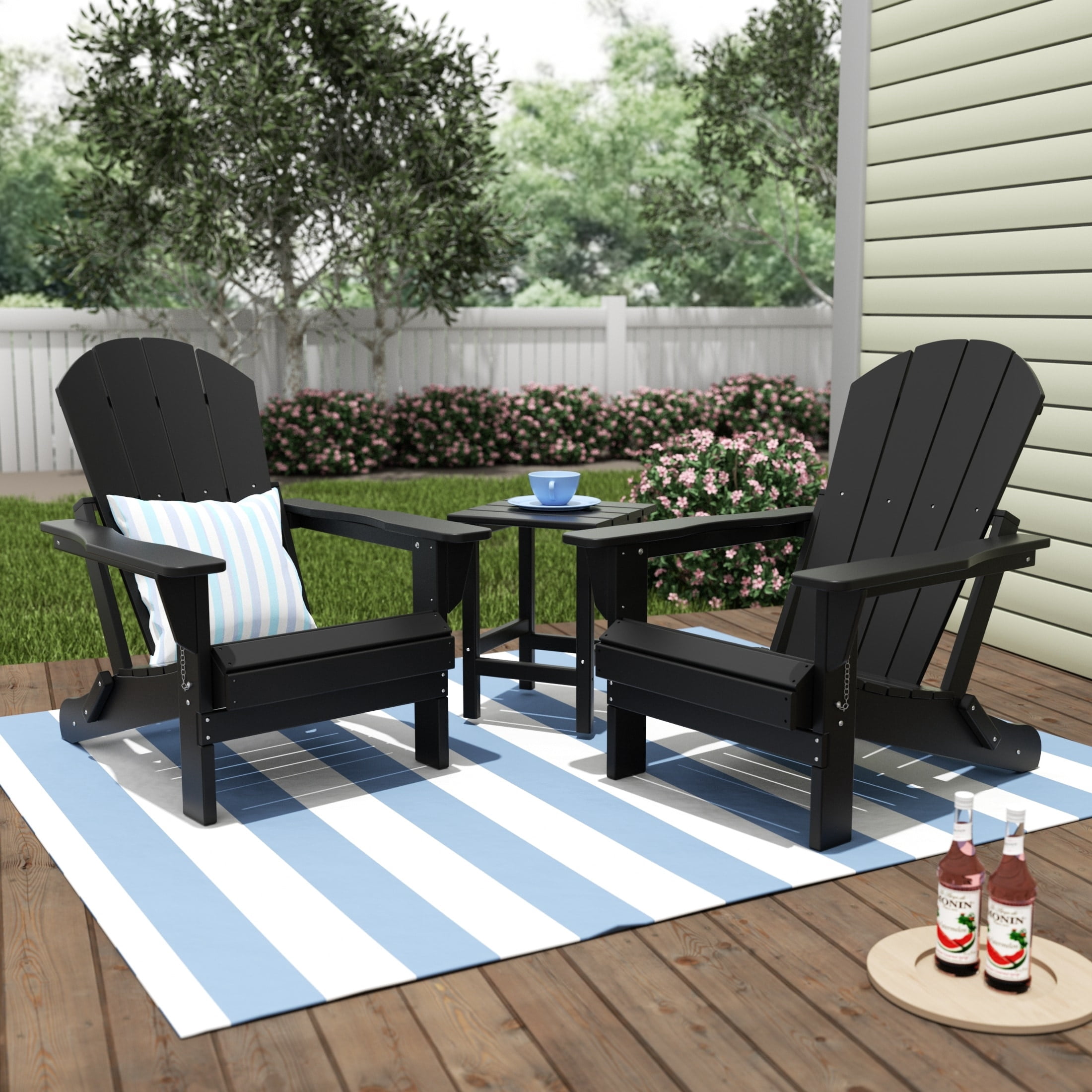 Polytrends  Laguna Hdpe All Weather Outdoor Patio Foldable Adirondack Chairs With Side Table (3-Piece Set) Black