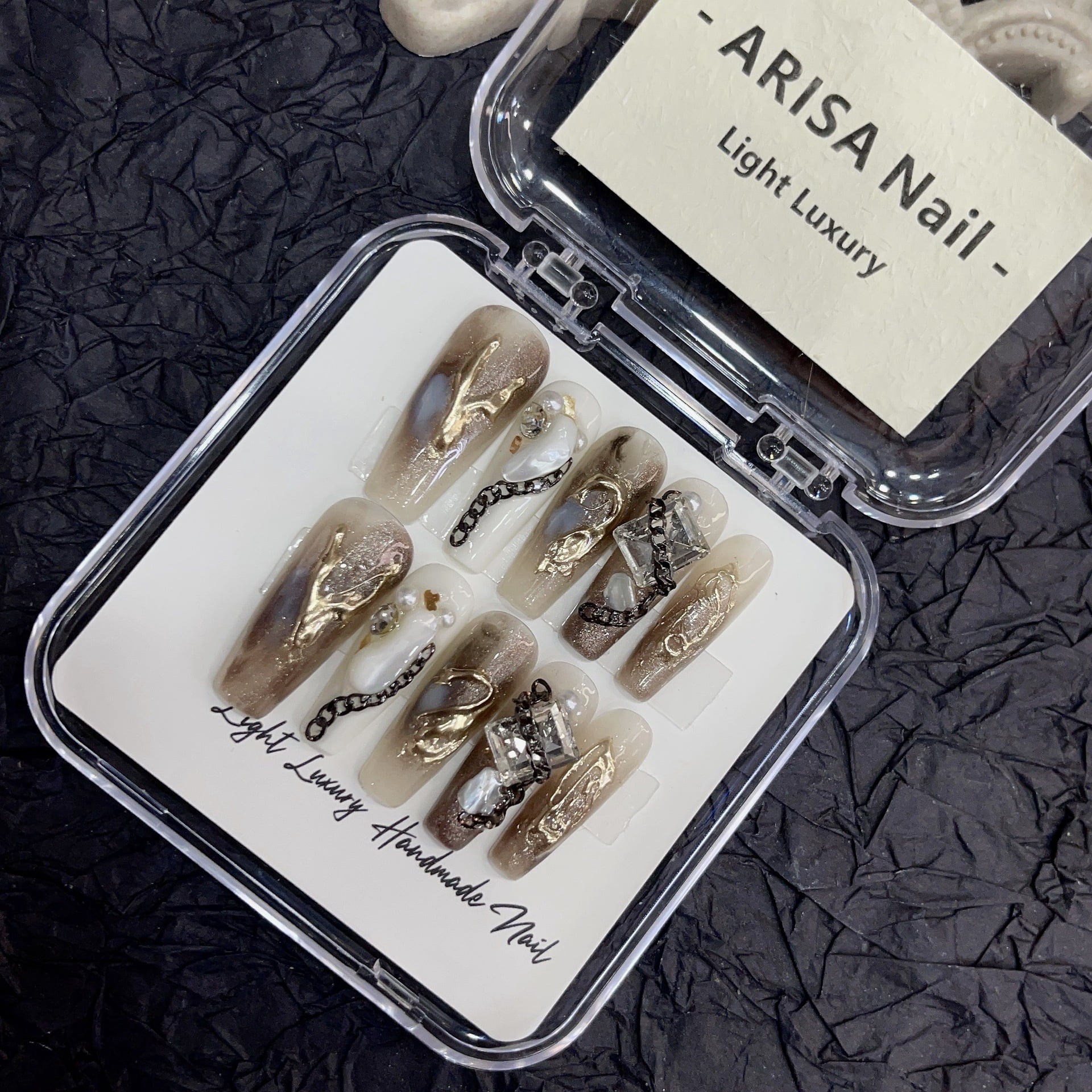 [Original real shot] Heavy industry smudging INS mourning wind lengthening hand-worn nail pieces light luxury pure handmade high-quality armor