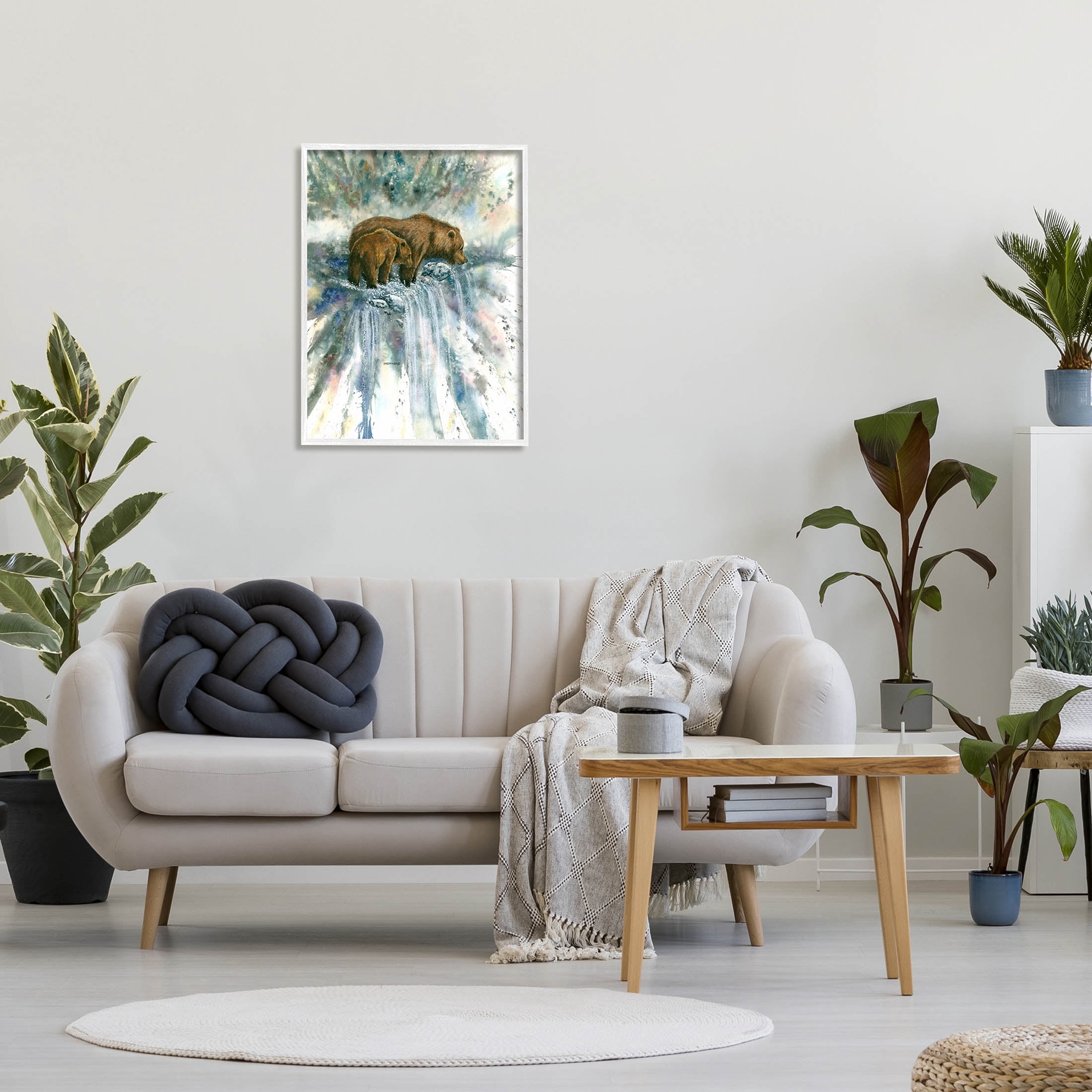 Two Bears Waterfall Nature Animals & Insects Graphic Art White Framed Art Print Wall Art