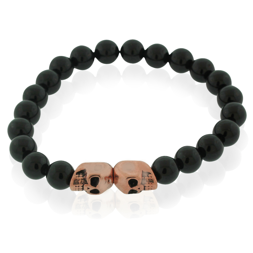 EDFORCE Stainless Steel Black Double Skull Beaded Stretch Bracelet, 8"