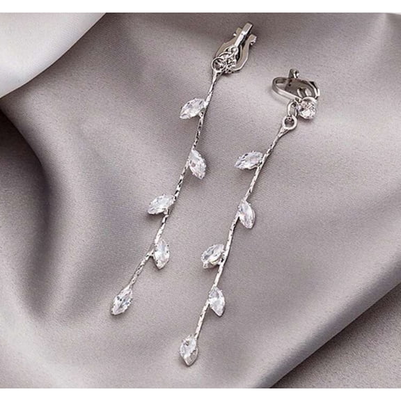 Clip on 3" silver clear stone dangle vine earrings