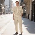 thumbnail image 2 of Ahabrexf Men's Casual Short Sleeve Button Down Shirt and Trousers Set for Men, Textured Woven Fabric, Elastic Waist, Matching 2 Pc Suit, 2 of 8