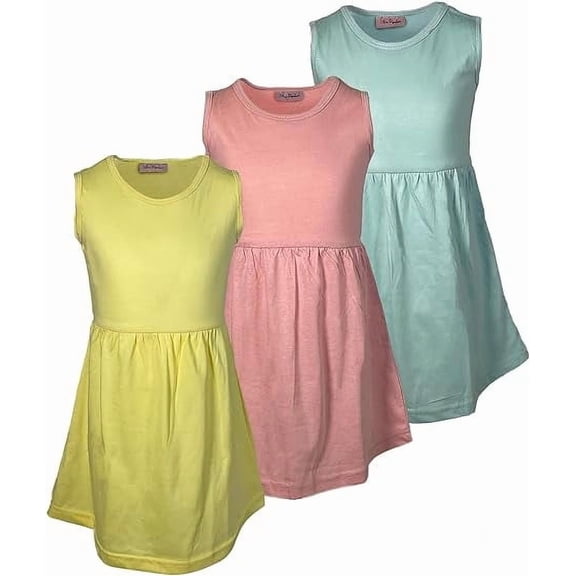 MISS POPULAR Girls 3 Pack Tank Skater Dress Soft Cotton Cute Designs Spring Summer | Sizes 4-16