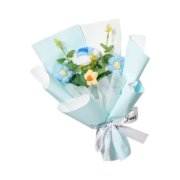 Crochet Flowers Bouquet, Handmade Knitted Finished Bouquet, Artificial Flower with Clear Gift Bag, Faux Crochet Flower for Weddings Mother's Day Anniversary Birthday Home Decor