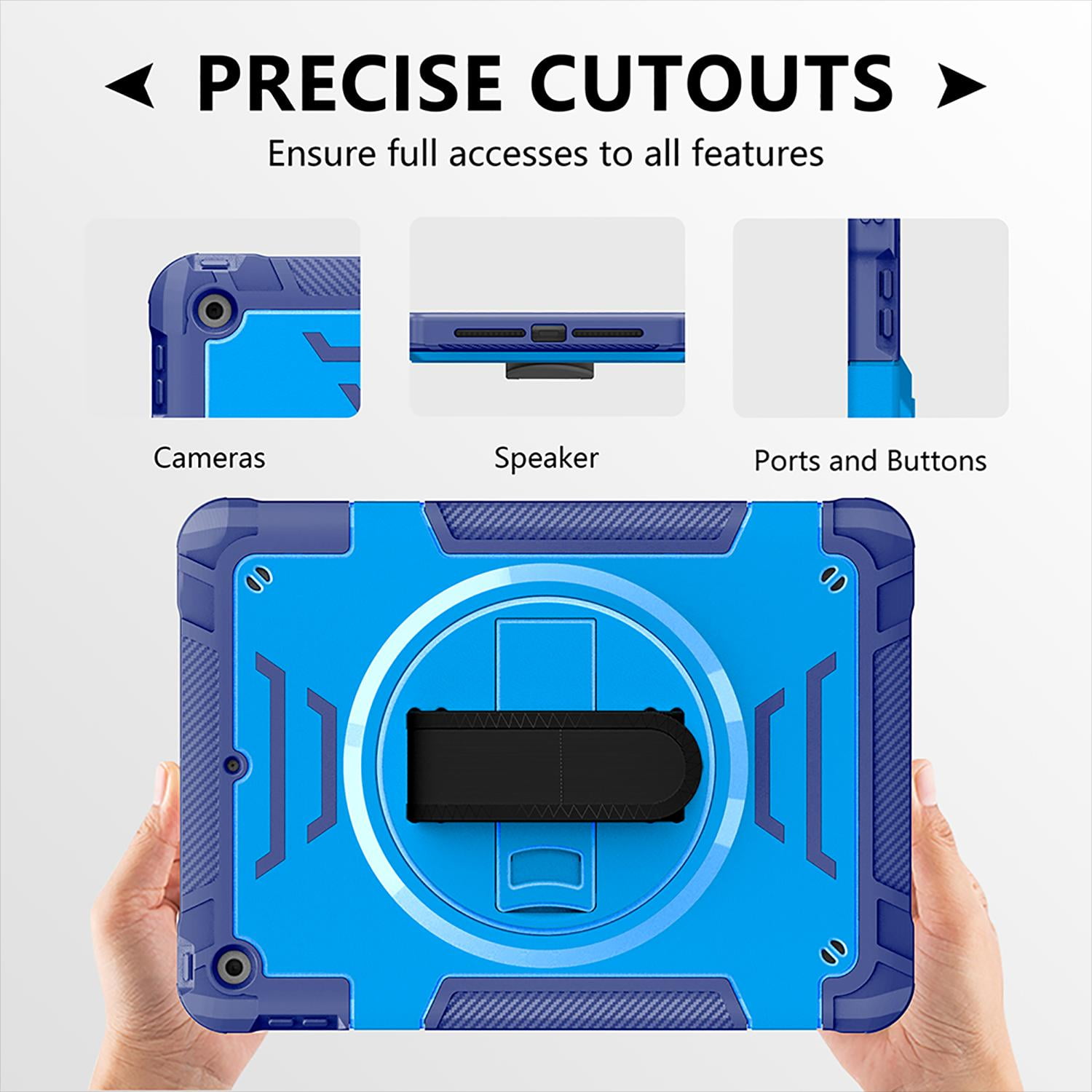Shockproof Case for Apple iPad 6th 5th Generation, with Pencil Holder Military Grade Protection Rotating Stand Hand Strap Shoulder Strap Bumper Rugged Case for iPad 6th 5th Gen 9.7", Blue